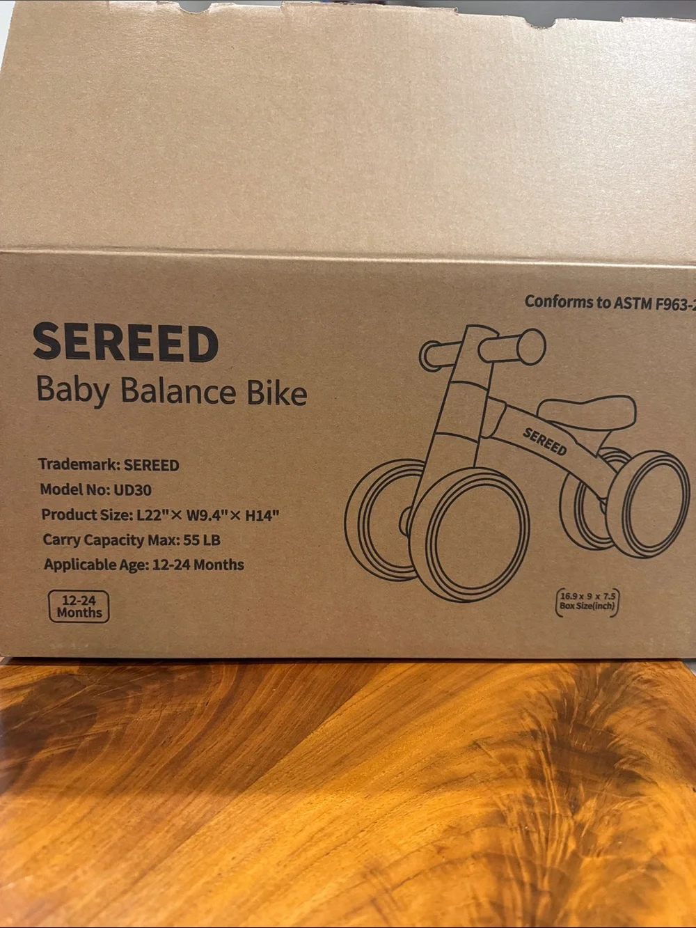 New in the Box Sereed Baby Balance Bike - Natural Kraft Brown and Red